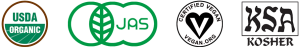 美國USDA、日本JAS有機認證、國際Vegan認證，Kosher認證